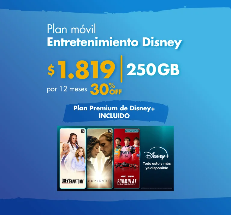 Banner ilustrativo sobre Plan Entretenimiento Disney móvil 30% OFF