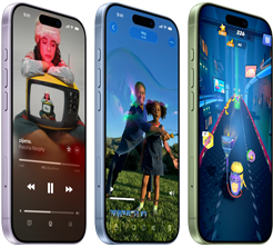Dispositivos iPhone 17, parte frontal, parte lateral, que muestran Apple Music, inteligencia visual, juegos, botones: Botón de Acción, volumen