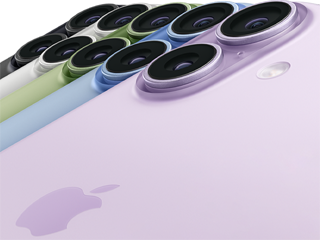 iPhone 17, parte posterior, sistema de dos cámaras Fusion, los cinco colores se superponen: negro, blanco, azul neblina, salvia y lavanda