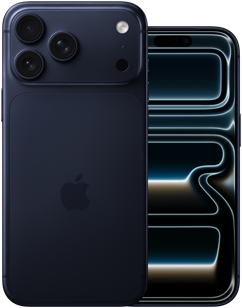 Lado a lado, iPhone 17 Pro Max, parte posterior, sistema de cámaras Pro, 3 lentes, micrófono, flash, acabado azul profundo, iPhone 17 Pro, parte frontal con diseño todo pantalla, acabado azul profundo